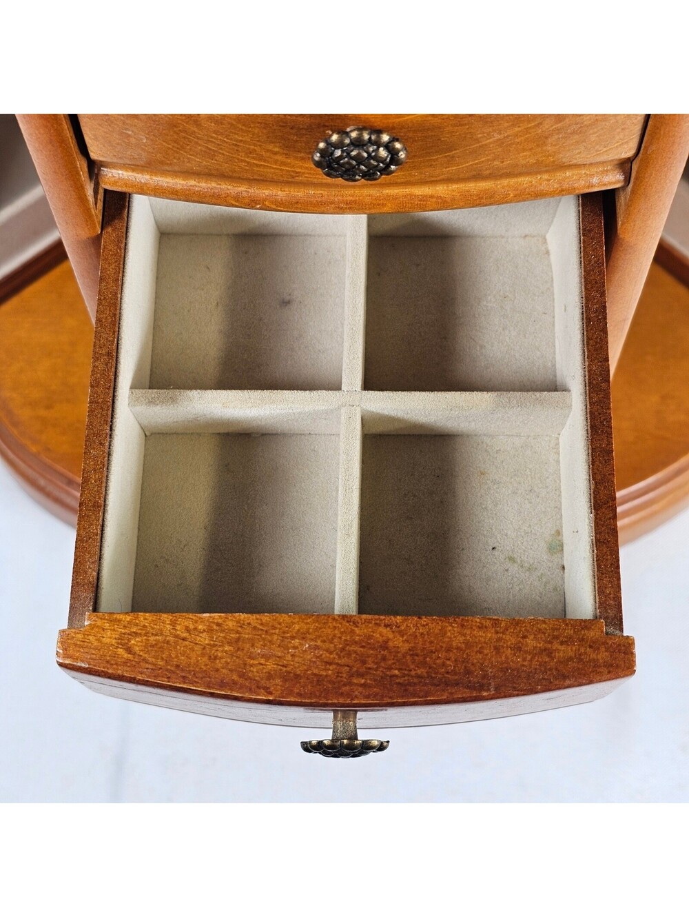 Vintage Wooden Jewelry Box Armoire Burl Wood Finish Tabletop Chest 4 Drawers - Picture 8 of 9